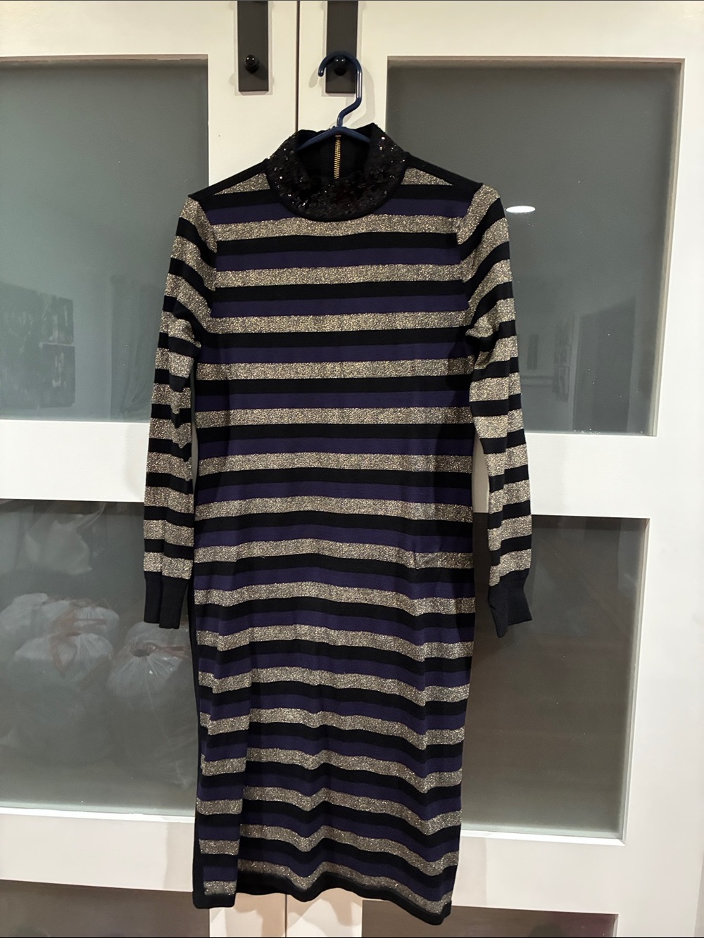 Eliza J Black & Gold Striped Sequin Turtleneck Dress